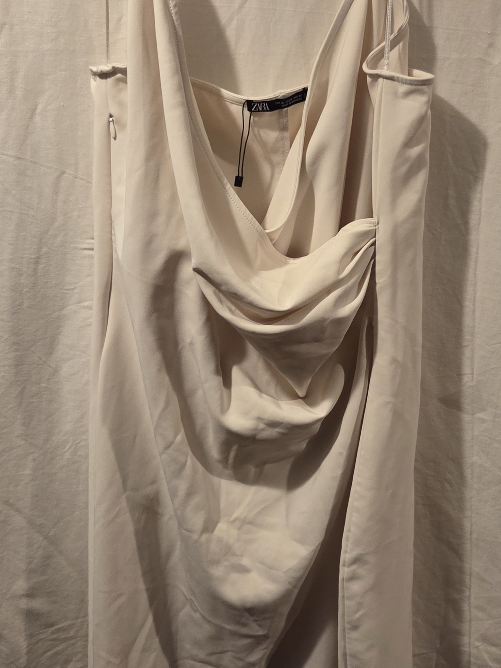 ZARA Cream Ivory Draped Cowl Neck Maxi Dress Chain Rhinestone Straps XL